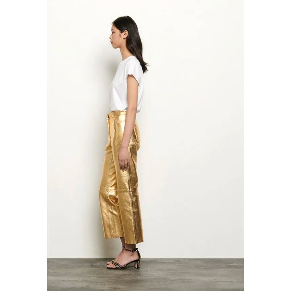 Sandro Metallic Lambskin Leather Kick Flare Pants Gold Ankle Crop FR 36 US 4 NWT - Picture 4 of 16